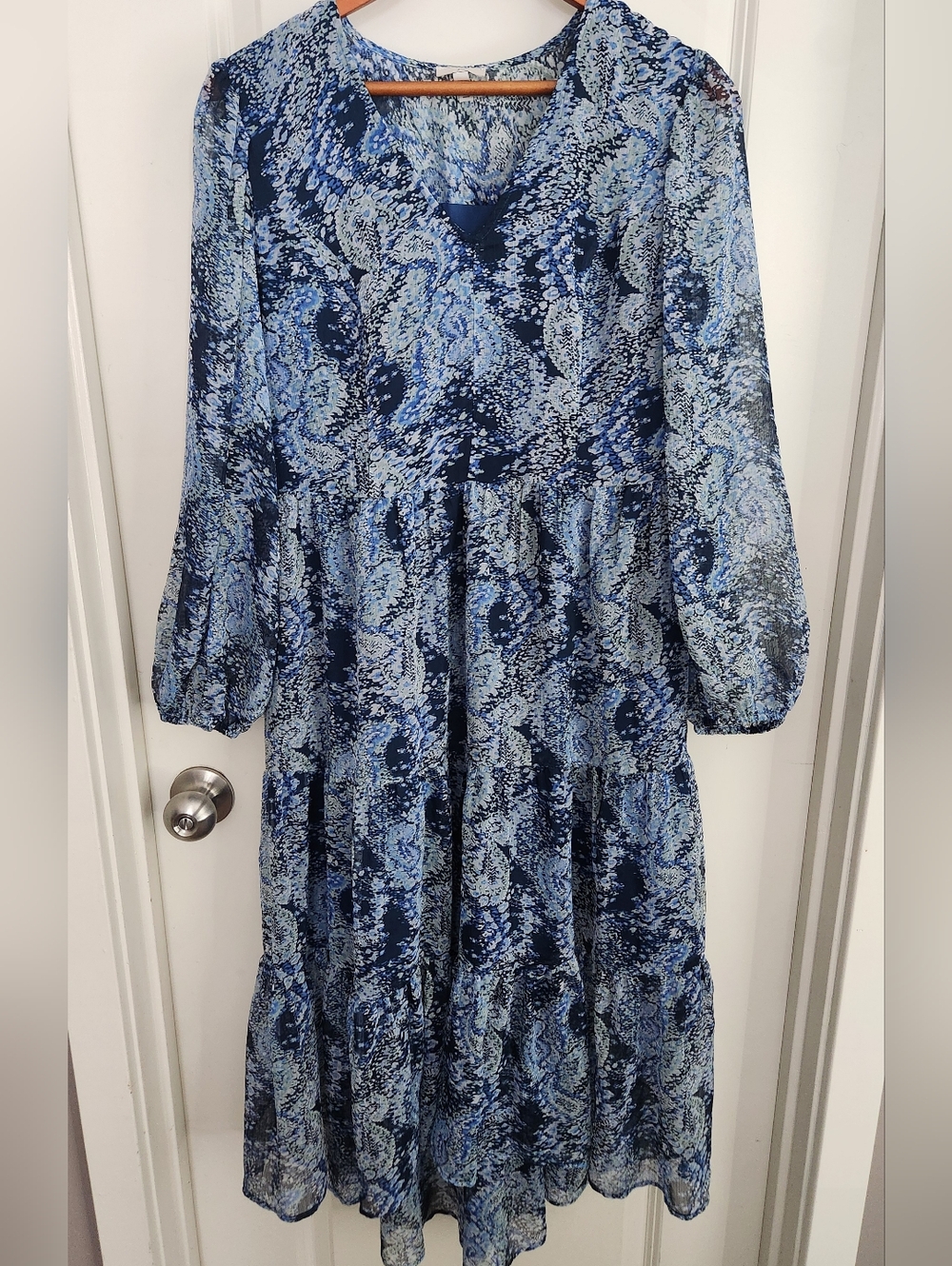 Joie Blue Paisley Tiered V-Neck Long-Sleeve Midi Dress